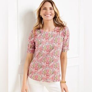 Talbots Ruched Cuff Pink and Green Patterned Crew Neck Tee